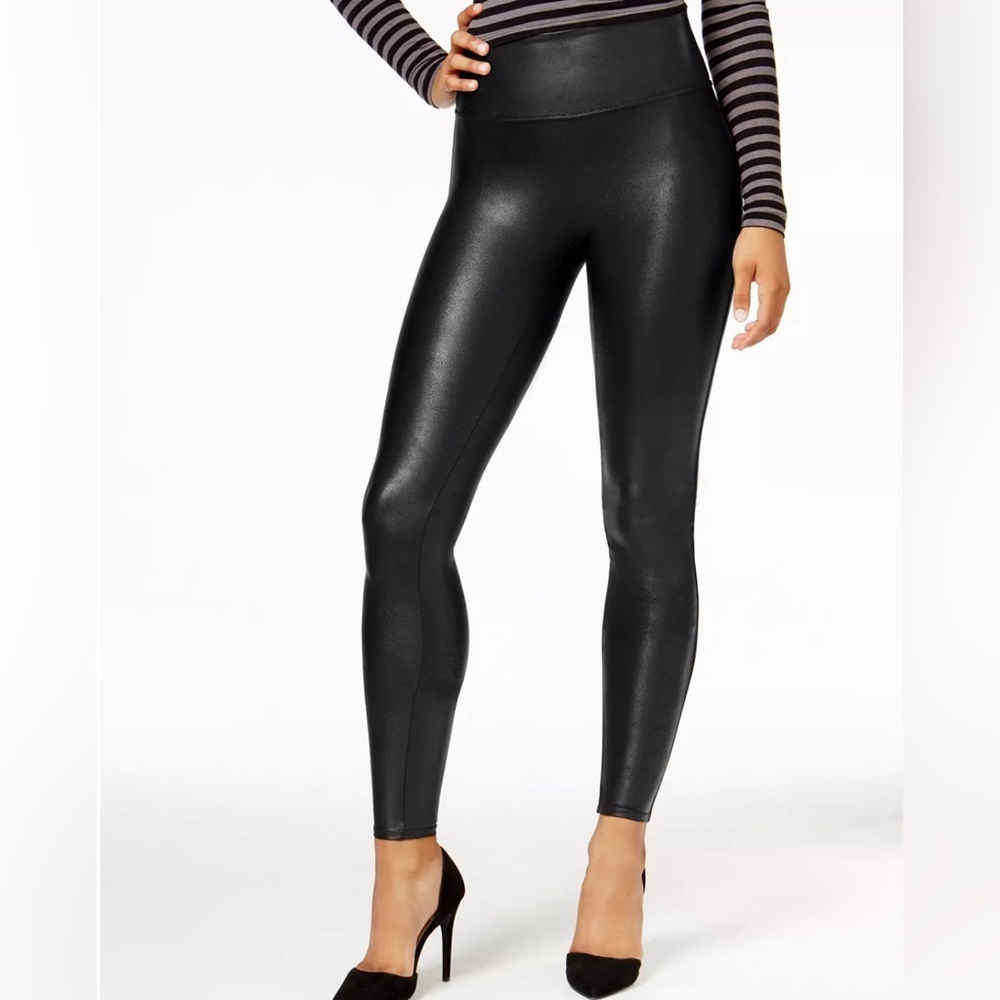 SPANX FAUX LEATHER FULL LENGTH BLACK LEGGINGS Size Small Tall G10
